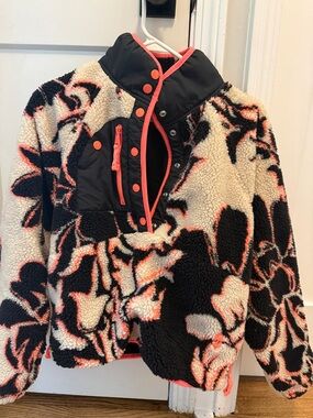 FP Movement by Free People Floral Sherpa Pullover Jacket in Cream, Black & Coral